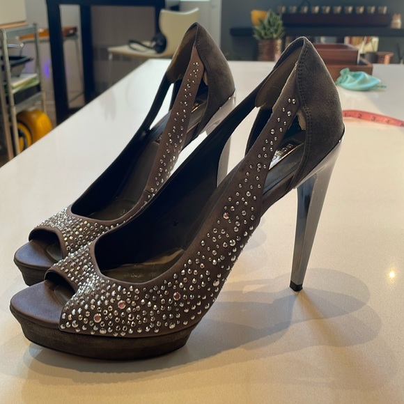 BCBGMaxAzria Shoes - BCBGMaxAxazria Suede Crystal Embellished Peep Toe High Heels, Size 8 1/2B